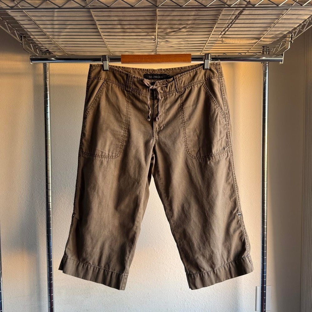 Calvin Klein Jeans Khaki Utility Cargo Capri Pants Drawstring Y2K Wide Leg 12